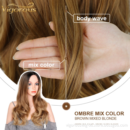 Vigorous Synthetic Long Wavy Dark Root Ombre Brown Cosplay Wigs for Black White Women Colorful Fiber Hair Wigs High Temperature